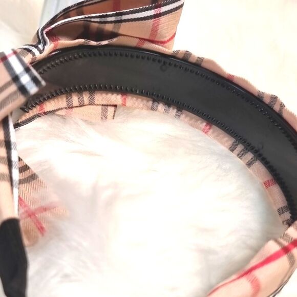 PLAID SIDE BOW HEADBAND Khaki black white red fabric - Picture 5 of 6